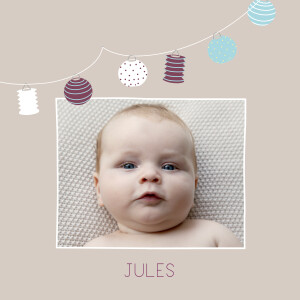 Faire-part de naissance Lampions 2 photos beige violet Faire-part de naissance Lampions 2 photos beige violet
