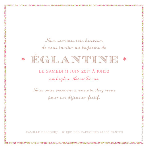 Faire-part de baptême Croix liberty rose - Verso Faire-part de baptême Croix liberty rose - Verso