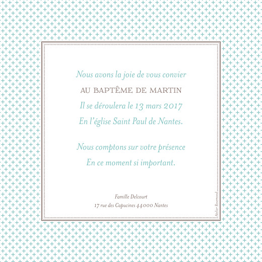 Faire-part de baptême Motif chic écusson turquoise - Verso Faire-part de baptême Motif chic écusson turquoise - Verso