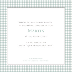 Faire-part de naissance Vichy vert amande Faire-part de naissance Vichy vert amande