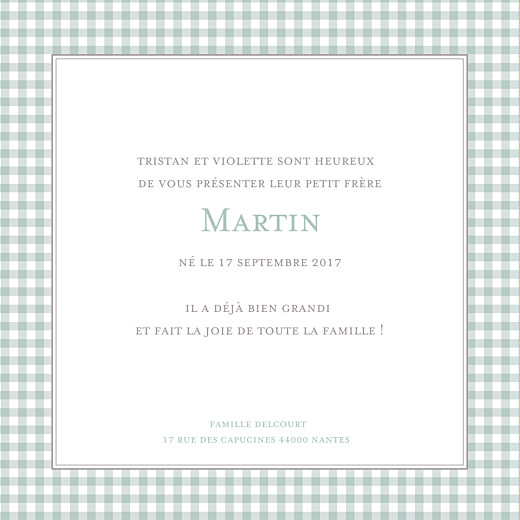 Faire-part de naissance Vichy vert amande Faire-part de naissance Vichy vert amande