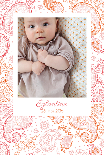 Faire-part de naissance Paisley portrait rose & orange Faire-part de naissance Paisley portrait rose & orange
