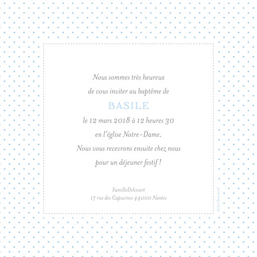 Faire-part de baptême Pois chics bleu - Verso Faire-part de baptême Pois chics bleu - Verso