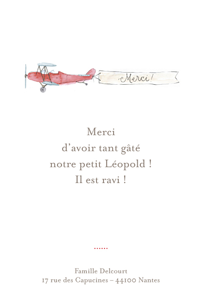 Carte de remerciement Merci avion photo rouge finition Carte de remerciement Merci avion photo rouge finition