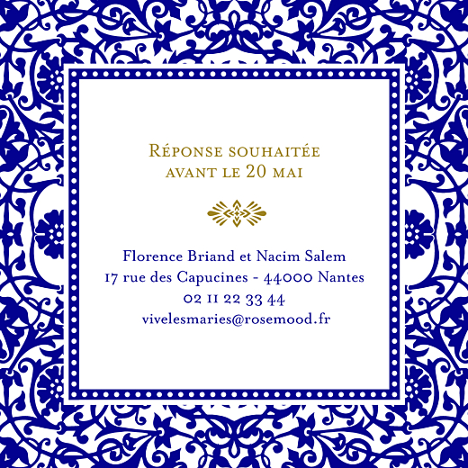 Carton d'invitation mariage Byzance bleu Carton d'invitation mariage Byzance bleu
