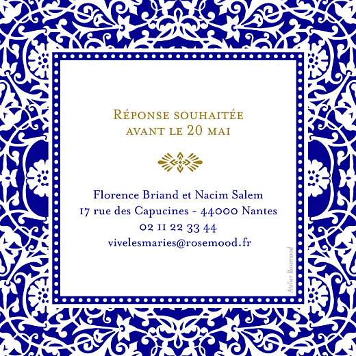 Carton réponse mariage Byzance bleu - Verso Carton réponse mariage Byzance bleu - Verso