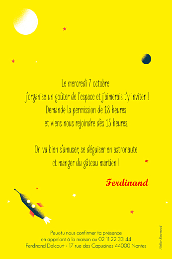 Carte d'anniversaire Cosmonaute jaune - Verso Carte d'anniversaire Cosmonaute jaune - Verso