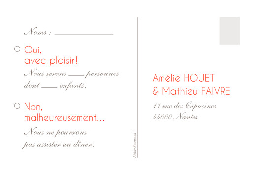 Carton réponse mariage Réjouissance blanc - Verso Carton réponse mariage Réjouissance blanc - Verso