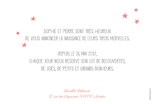 Faire-part de naissance Ruban étoilé triplés corail Faire-part de naissance Ruban étoilé triplés corail