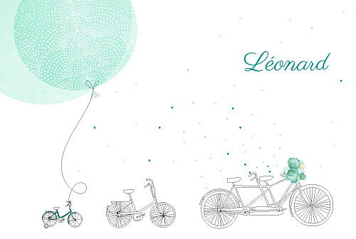 Faire-part de naissance À bicyclette (2 enfants) vert - Recto