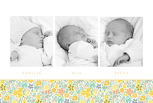 Faire-part de naissance Mille fleurs triplés (3 photos) orange Faire-part de naissance Mille fleurs triplés (3 photos) orange