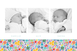 Faire-part de naissance Mille fleurs triplés (3 photos) jaune et rouge Faire-part de naissance Mille fleurs triplés (3 photos) jaune et rouge