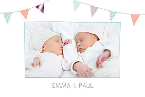 Faire-part de naissance Fanions jumeaux 3 photos turquoise violet