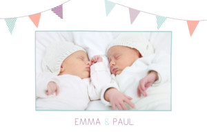 Faire-part de naissance Fanions jumeaux 3 photos turquoise violet Faire-part de naissance Fanions jumeaux 3 photos turquoise violet