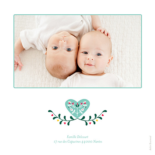 Faire-part de naissance Folk 2 photos jumeaux bleu Faire-part de naissance Folk 2 photos jumeaux bleu