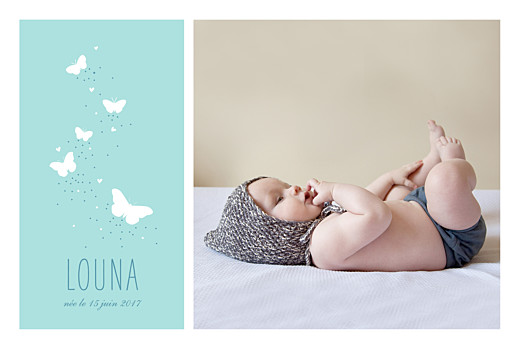 Faire-part de naissance Papillons 5 photos turquoise Faire-part de naissance Papillons 5 photos turquoise