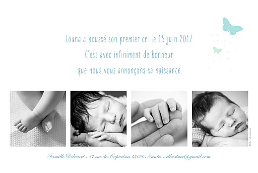 Faire-part de naissance Papillons 5 photos turquoise Faire-part de naissance Papillons 5 photos turquoise