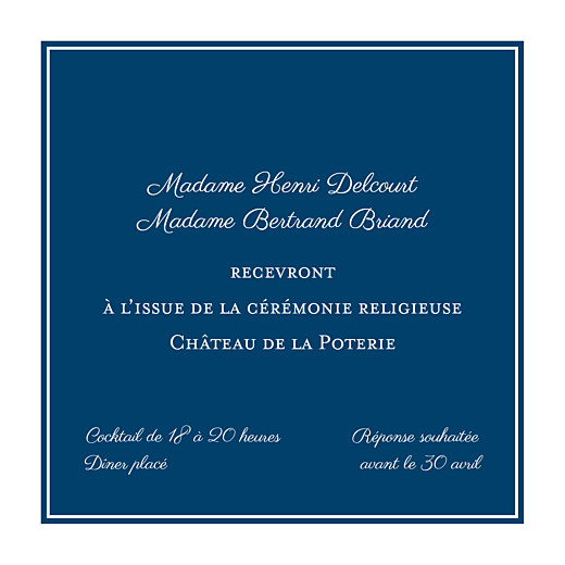 Carton d'invitation mariage Carré chic bleu marine - Recto