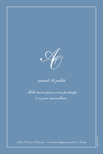 Carte de remerciement mariage Chic liseré (portrait) bleu - Verso