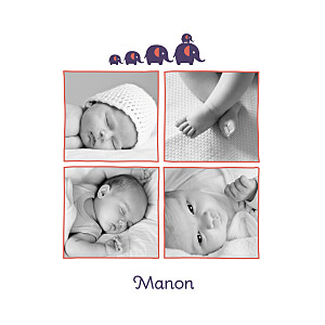 Faire-part de naissance 5 éléphants 5 photos violet