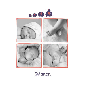 Faire-part de naissance 5 éléphants 5 photos violet