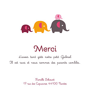 Carte de remerciement 4 petits éléphants gris & rose