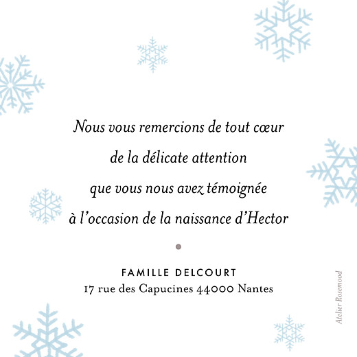 Carte de remerciement Merci flocons photo bleu clair - Verso Carte de remerciement Merci flocons photo bleu clair - Verso