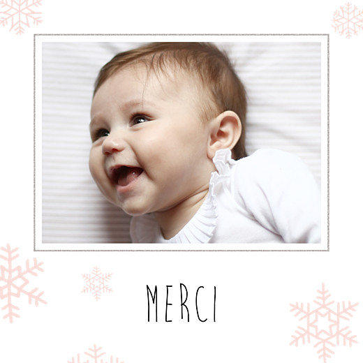 Carte de remerciement Merci flocons photo rose clair Carte de remerciement Merci flocons photo rose clair