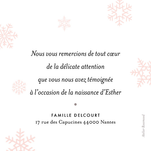 Carte de remerciement Merci flocons photo rose clair Carte de remerciement Merci flocons photo rose clair