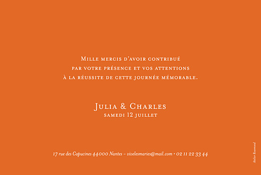 Carte de remerciement mariage Chic photo (paysage) orange - Verso Carte de remerciement mariage Chic photo (paysage) orange - Verso
