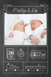 Faire-part de naissance Pictos ardoise jumeaux noir Faire-part de naissance Pictos ardoise jumeaux noir