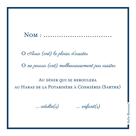 Carton réponse mariage Carré chic bleu marine - Verso Carton réponse mariage Carré chic bleu marine - Verso