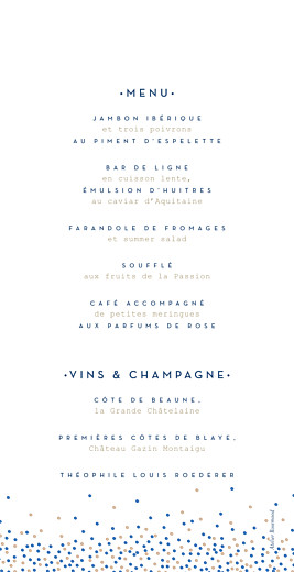 Menu de mariage Confetti bleu - Verso Menu de mariage Confetti bleu - Verso