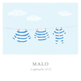 Faire-part de naissance Fil à linge marinières 4p bleu