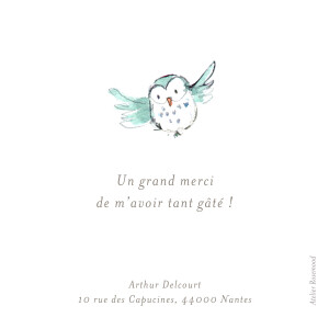 Carte de remerciement Petit hibou aquarelle blanc