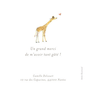 Carte de remerciement Petite girafe aquarelle blanc