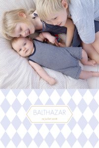 Faire-part de naissance Losanges portrait 2 photos bleu Faire-part de naissance Losanges portrait 2 photos bleu