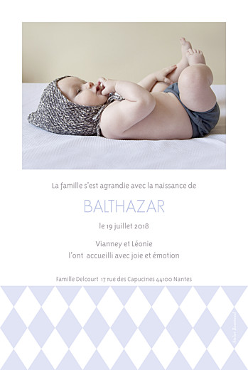 Faire-part de naissance Losanges portrait 2 photos bleu - Verso Faire-part de naissance Losanges portrait 2 photos bleu - Verso