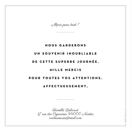 Carte de remerciement mariage Étiquette 3 photos carré blanc - Verso Carte de remerciement mariage Étiquette 3 photos carré blanc - Verso