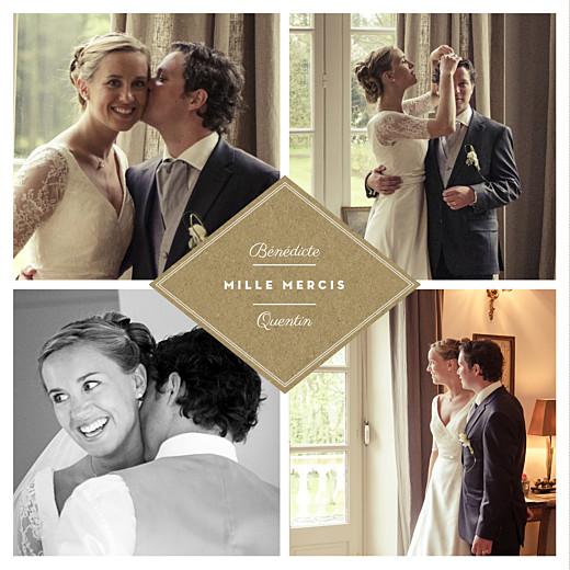 Carte de remerciement mariage Écusson 4 photos kraft - Recto Carte de remerciement mariage Écusson 4 photos kraft - Recto