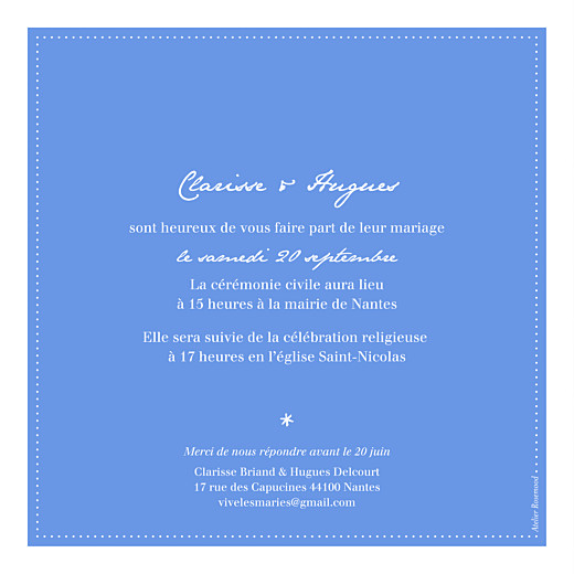 Faire-part de mariage Carré contemporain bleu - Page 2 Faire-part de mariage Carré contemporain bleu - Page 2