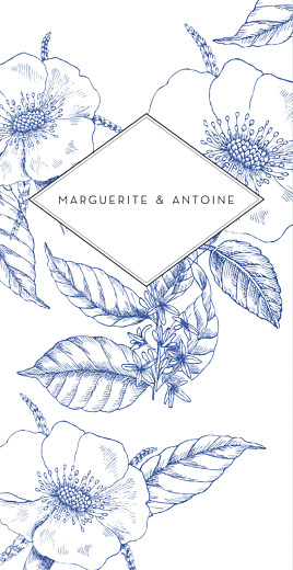 Menu de mariage Gravure chic bleu Menu de mariage Gravure chic bleu