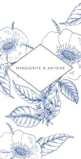Menu de mariage Gravure chic (4 pages) bleu Menu de mariage Gravure chic (4 pages) bleu