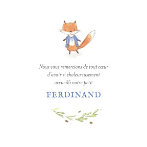 Carte de remerciement Petit renard aquarelle photo bleu