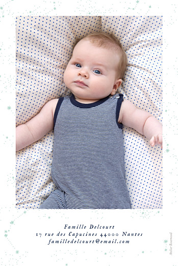 Faire-part de naissance Univers photo RV bleu nuit - Verso Faire-part de naissance Univers photo RV bleu nuit - Verso