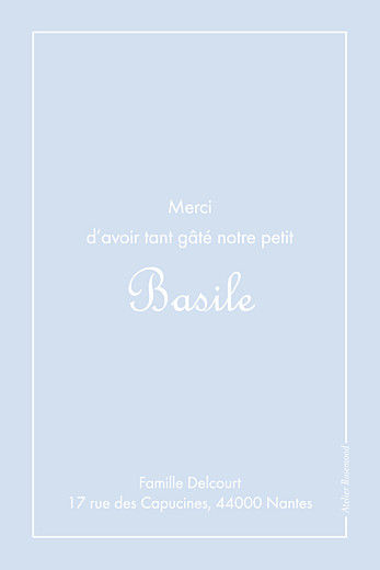 Carte de remerciement Merci classique liseré portrait bleu layette - Page 1