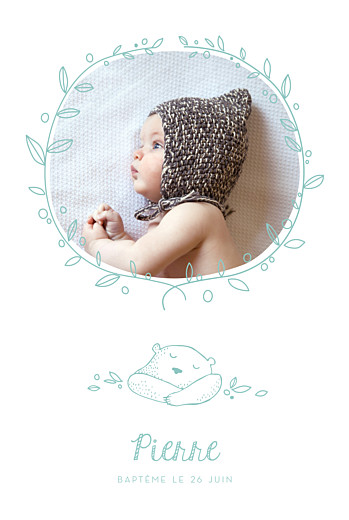 Faire-part de baptême Petit ours photo vert d'eau - Recto Faire-part de baptême Petit ours photo vert d'eau - Recto