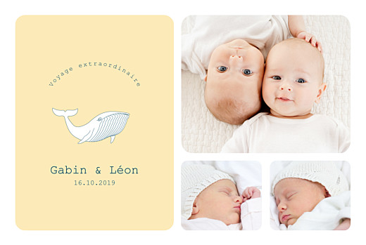 Faire-part de naissance Baleine extraordinaire twins jaune Faire-part de naissance Baleine extraordinaire twins jaune