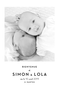 Faire-part de naissance Original 2 photos jumeaux blanc Faire-part de naissance Original 2 photos jumeaux blanc
