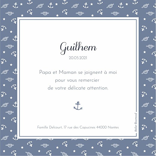 Carte de remerciement Merci navy chic photo bleu - Verso Carte de remerciement Merci navy chic photo bleu - Verso